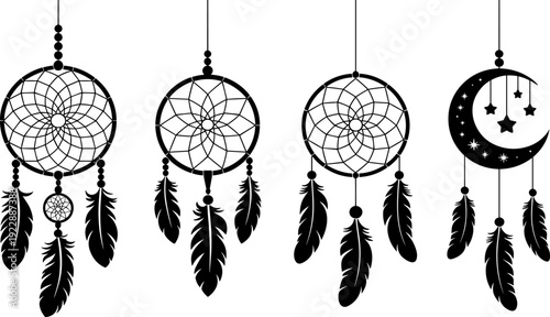 Dreamcatcher silhouette illustration, traditional circular designs with feathers, crescent moon variation, stars and beads, decorative cultural artwork, black vector drawing