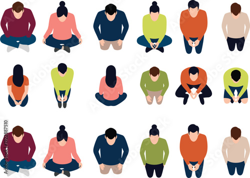 Flat vector illustration set of diverse people seen from top view sitting cross legged and kneeling for architectural floor plans and interior design rendering