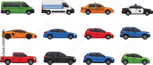 Isometric vehicle collection illustration, various cars vans taxi police sports car suv pickup truck set, transportation transport automotive design concept