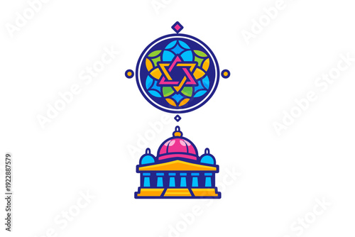 This vibrant graphic design showcases a Star of David inside a stained glass circle above a stylized temple or synagogue building, all rendered in bright colors on a black backdrop.