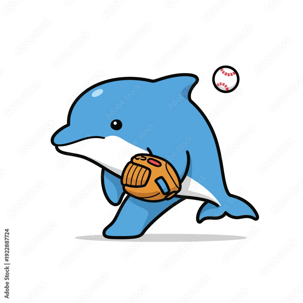 Naklejka premium Cute cartoon dolphin playing baseball with a mitt and ball.