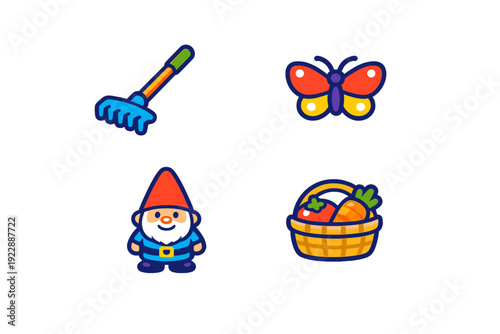 A collection of four colorful garden-themed icons featuring a blue rake, a vibrant butterfly, a cute garden gnome, and a basket filled with fresh vegetables on a black background.