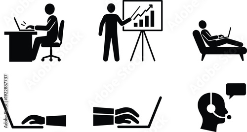 Remote Work and Professional Presentation Icon Set: Silhouette Illustrations of Laptop Use, Data Analysis, and Customer Support