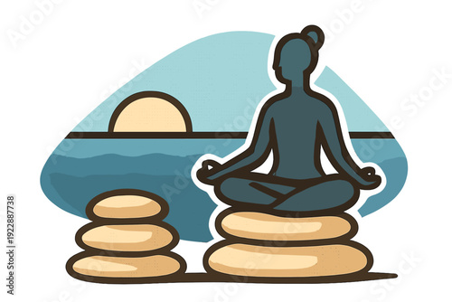 A stylized illustration depicts a person in a meditation pose sitting on balanced stones by the sea. A large sun sets over the horizon, creating a serene and mindful atmosphere.