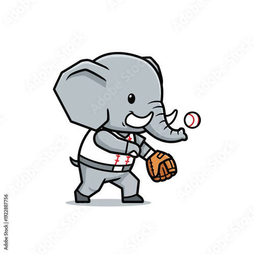 Cute cartoon elephant playing baseball with a mitt and ball.