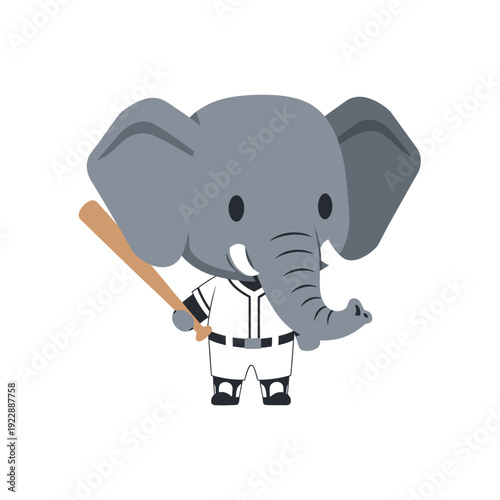 Cute cartoon elephant dressed as a baseball player holding a bat.