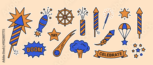 Fireworks and Festive Elements: A collection of vibrant fireworks and celebratory elements burst with festive cheer, perfect for commemorating special occasions. 