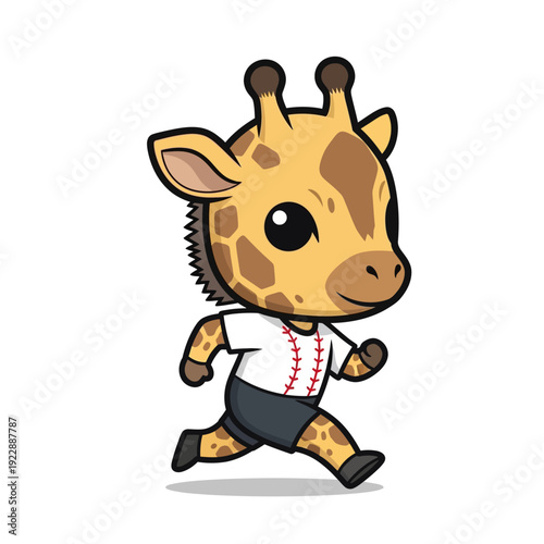 Cute cartoon giraffe character wearing a baseball jersey and shorts running happily.