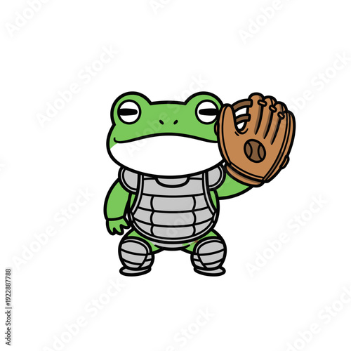 Cute cartoon frog baseball catcher with mitt and gear.