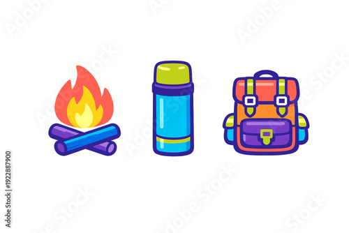 A set of three colorful cartoon icons featuring a campfire with logs, a blue thermos bottle, and a multi-colored hiking backpack isolated on a black background.