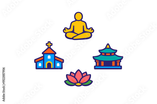 A collection of colorful flat icons representing spirituality and religion, including a meditating person, a church, a pagoda, and a lotus flower, arranged on a black background.