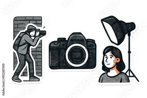 A sticker pack featuring a street photographer behind a wall, a professional camera body, and a woman posing with a studio light. Grayscale illustrations with white borders on black.