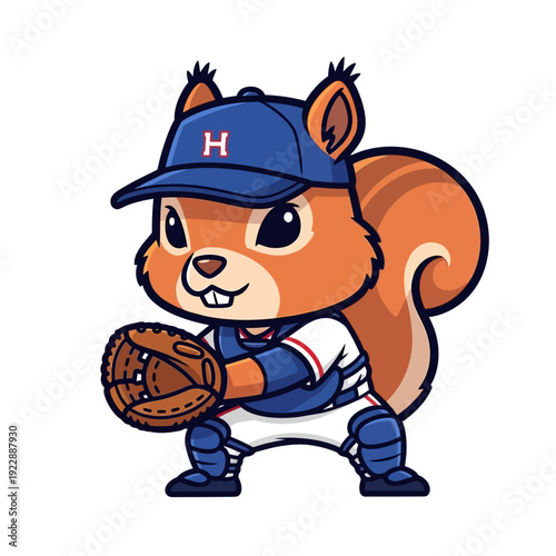 Cute cartoon squirrel baseball catcher ready to play the game.