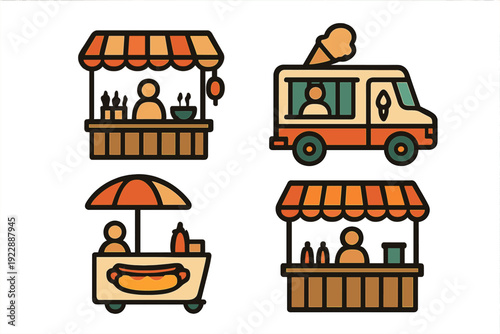 A collection of four flat style street food vendor illustrations including an ice cream truck, a hot dog cart, and two market stalls with striped awnings on a black background.
