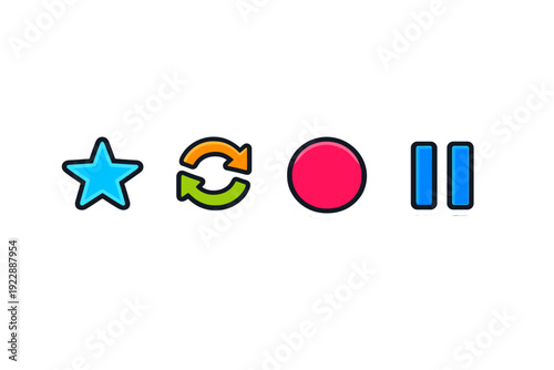 Four vibrant digital interface icons featuring a blue star, circular refresh arrows, a red record circle, and a blue pause symbol, all styled with thick borders on a solid black background.