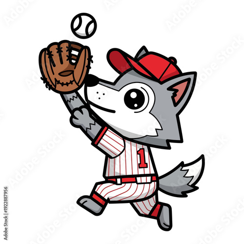 Cute cartoon wolf playing baseball catching a ball.
