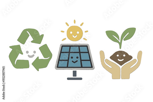 Three cute, hand-drawn icons representing sustainability: a smiling green recycling symbol, a solar panel with a sun, and a seedling held in hands on a dark background.
