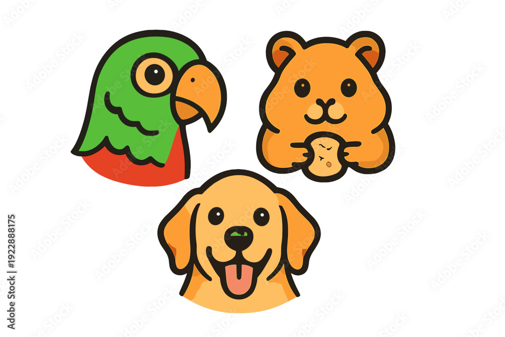 Fototapeta premium A collection of three cartoon mascot heads featuring a green parrot, an orange hamster holding a seed, and a smiling golden retriever dog, all set against a solid black background.