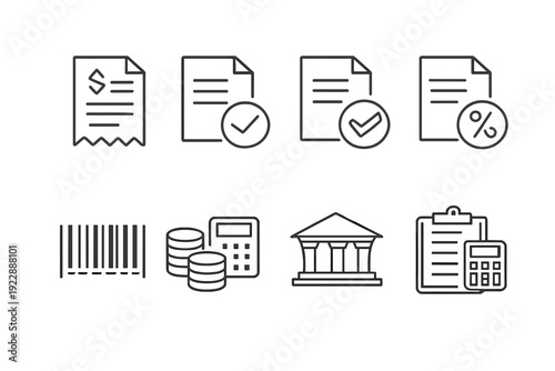 A collection of white line icons on a black background representing financial concepts such as banking, accounting, taxes, and commerce with symbols like coins and calculators.
