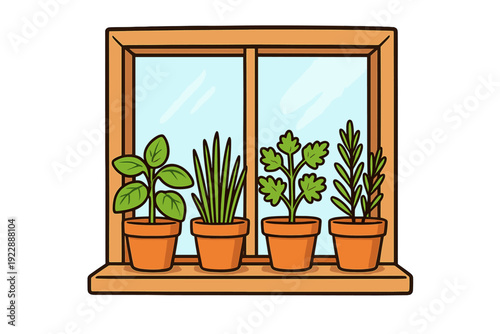 A flat illustration of four different green herbs growing in terracotta pots on a wooden windowsill in front of a bright window. The plants include basil, chives, parsley, and rosemary.