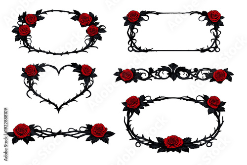 A collection of gothic decorative frames and borders featuring vibrant red roses and intricate black thorny vines set against a solid black background for a dark romantic aesthetic.