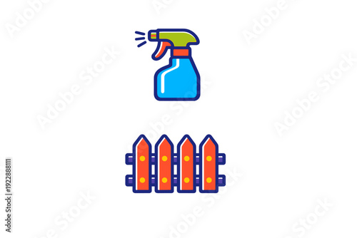 This graphic set includes a colorful blue spray bottle and a red wooden picket fence. Both items are designed in a flat vector style and set against a plain black background.
