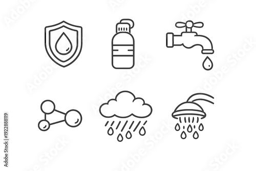 A collection of six white line icons on a black background representing water related concepts including a shield with a drop, a bottle, a faucet, a molecule, a rain cloud, and a shower head.