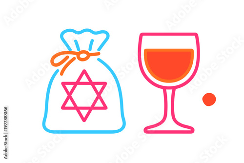 A minimalist neon-style illustration featuring a blue bag with a pink Star of David and an orange tie next to a pink wine glass filled with orange liquid on a black background.