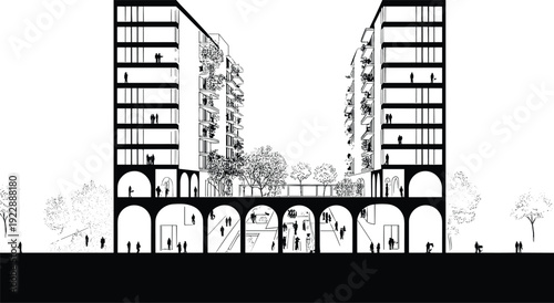 Modern architectural cross section illustration of mixed use urban apartment buildings with arched walkway, green roof terrace, and people silhouettes