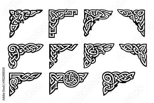 A collection of eleven white Celtic knot corner designs featuring intricate interlaced patterns and tribal motifs, set against a solid black background for decorative use.