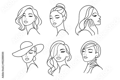 A collection of six minimalist line art illustrations featuring diverse female faces and hairstyles set against a black background. The white outlines create a modern and elegant aesthetic.