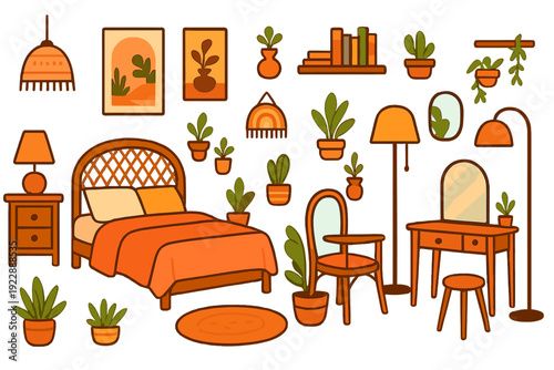 This illustration set features various bedroom furniture and home decor items like a bed, vanity, and plants in a warm orange and brown color scheme on a black background.