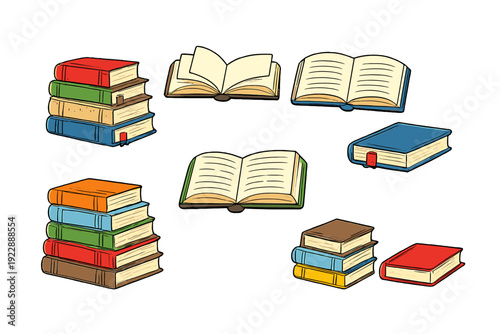 A collection of colorful hand-drawn book illustrations featuring stacks of books and open volumes with pages visible, set against a solid black background for a clean look.