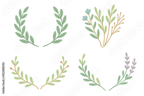 A collection of four hand-drawn botanical illustrations featuring green leafy wreaths, a floral bouquet, and decorative branches with berries on a solid black background.