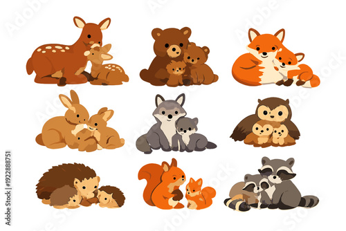 A collection of nine cute woodland animal families featuring parents and their babies, including deer, bears, foxes, rabbits, wolves, owls, hedgehogs, squirrels, and raccoons.