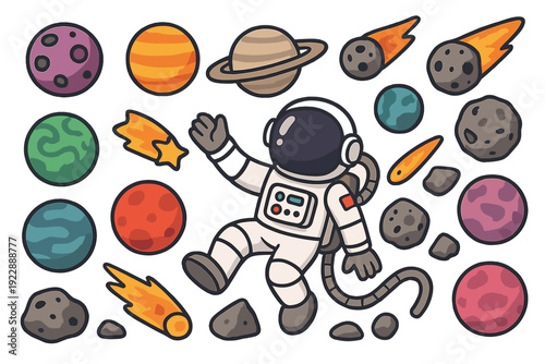 A cute cartoon astronaut drifts through a galaxy filled with vibrant planets, fiery comets, and rocky asteroids. This flat vector art style uses bold outlines on a dark background.