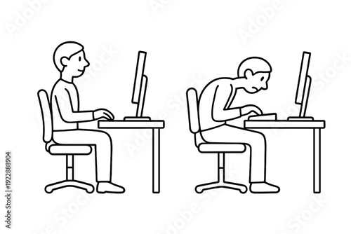 A black and white line drawing comparing good and bad sitting posture at a computer desk. One person sits upright while the other slouches over a keyboard and monitor.