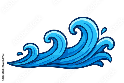 A stylized illustration of blue ocean waves curling and splashing against a solid black background. The waves feature bold outlines and various shades of blue for a dynamic look.