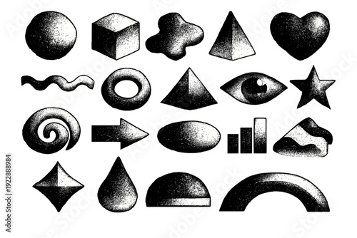 A collection of twenty diverse geometric and organic shapes with a grainy, stippled texture. The monochrome elements include a sphere, cube, heart, and star on a solid black background.
