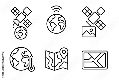 A set of six minimalist line icons representing global technology and geography, including satellites, Earth, a thermometer, a folded map with a pin, and a digital navigation screen.
