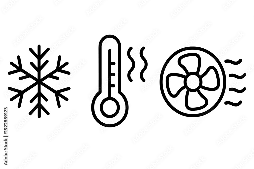 Obraz premium This minimalist black and white graphic displays three distinct scientific symbols including a microscopic virus, a liquid thermometer, and a biological cell structure.