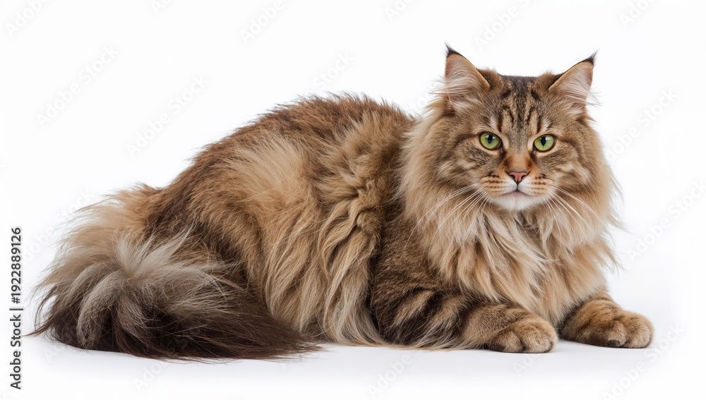 Fototapeta premium Norwegian forest cat with fluffy doublelayered coat and bushy tail, green eyes, lying down on white background