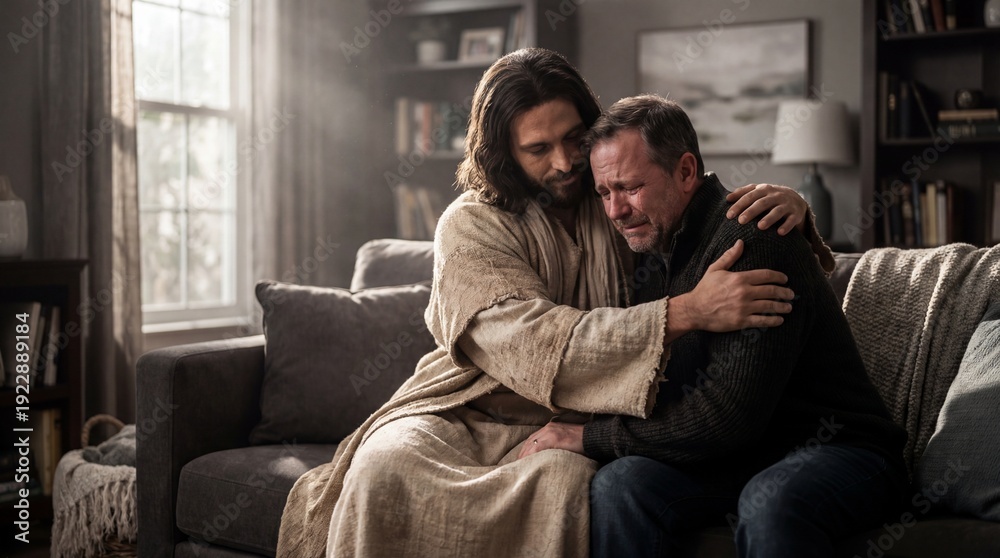 Fototapeta premium Jesus Christ Comforting Crying Man on Sofa in Living Room, Expressing Empathy and Spiritual Support