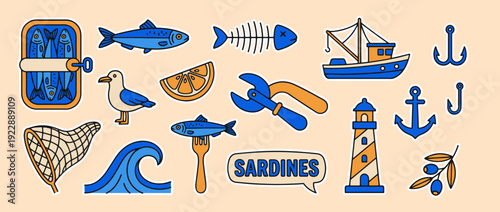 Seafood Elements Illustration: An engaging vector illustration presents a collection of seafood elements, including sardine, fish, and coastal-themed items like a boat, anchor, net, and lighthouse.