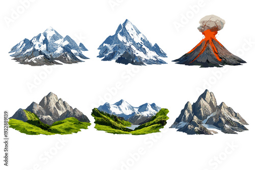 Six diverse mountain landscape illustrations shown on a black background, featuring snowy peaks, lush green hills, a valley with a lake, and an active erupting volcano.