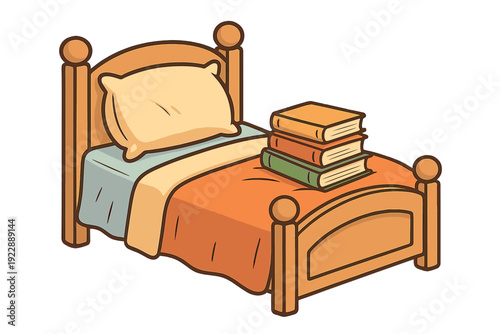 A cartoon illustration of a wooden bed with a light yellow pillow and a stack of three colorful books resting on an orange blanket. The bed has a classic wooden frame design.