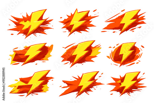 This set features nine dynamic yellow lightning bolts surrounded by fiery orange and red explosions, presented in a bold comic book style against a solid black background.