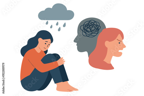 A flat vector illustration depicting a woman feeling sad under a rain cloud, with icons representing mental confusion and anger to symbolize emotional distress and health.