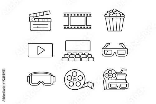 This set of nine minimalist black and white icons features various movie-related elements such as a film reel, clapperboard, popcorn bucket, 3D glasses, and a cinema theater.