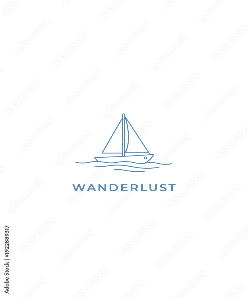 Fototapeta premium Sailboat on Water with Wanderlust Text, Minimalist Line Art Illustration